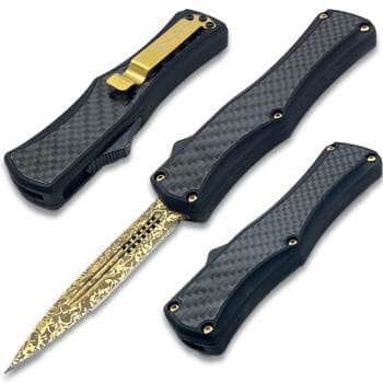 Spear Dagger Point OTF Knife – 3" Gold Damascus Pattern Double-Edge Blade, Carbon Fiber Handle