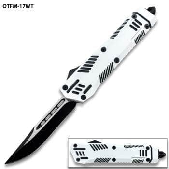 White Hills OTF Knife – 3.5" Black Drop Point Blade, White Handle – MOTF-17WT