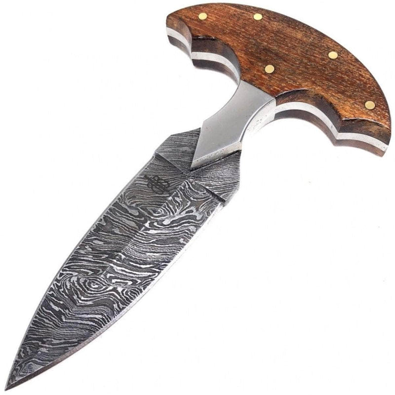 BnB Knives Push Dagger, 3.5" Damascus Blade, Walnut Handle, Leather Sheath - BNB15256