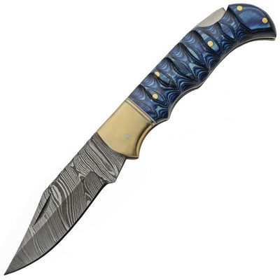 Damascus Lockback, 3" Blade, Blue Wood Handle, Leather Sheath