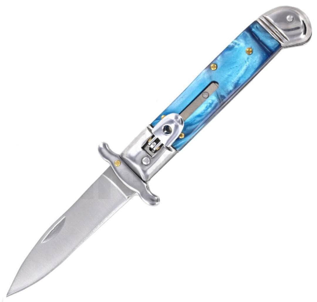 Milano 8" Leverlock Swinguard Blue Swirl Automatic Knife – 3.25" Satin Blade