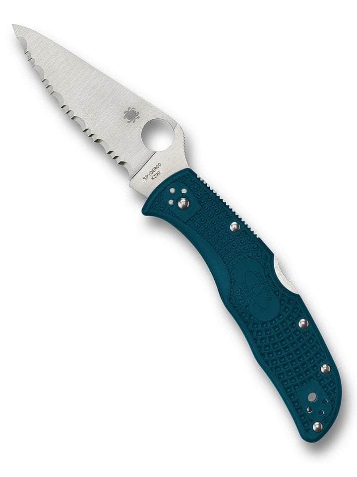 Spyderco Endela C243FSK390 open with serrated satin K390 blade and blue FRN handle