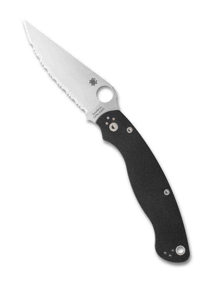 Spyderco Military 2 C36GS2 open with serrated satin blade and black G-10 handle