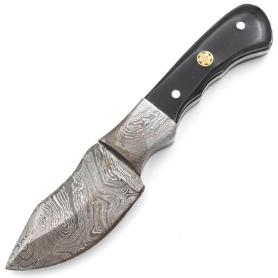 White Deer Damascus Skinner, 3" Blade, Buffalo Horn Handle, Leather Sheath - DM-710