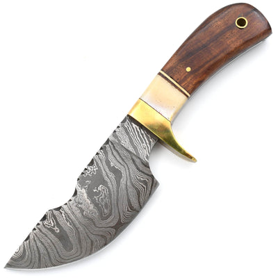 White Deer Damascus Skinner, 4" Blade, Wood/Bone Handle, Leather Sheath - DM-2166