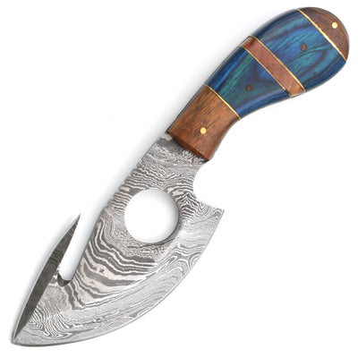 White Deer Damascus Skinner Hunting Knife, 4" Blade, Wood Handle, Sheath - DM-2130