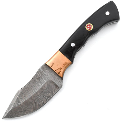 White Deer Damascus Skinner, 4" Blade, Bone Handle, Leather Sheath - DMC-710