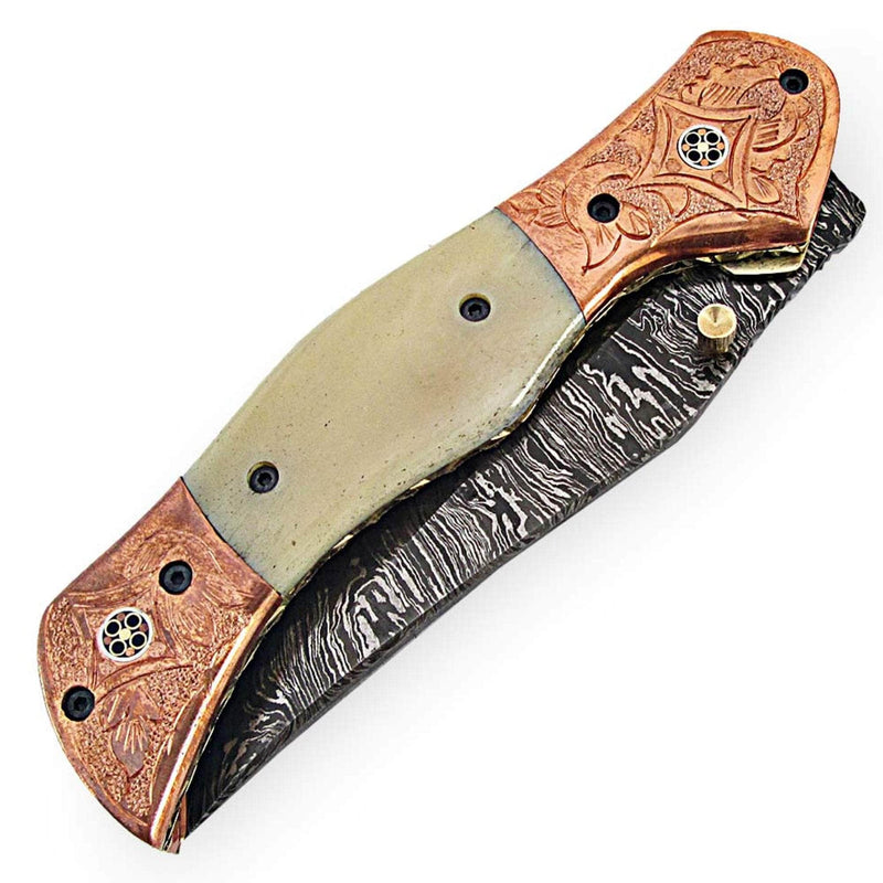White Deer Magnum Rancher, 4.1" Damascus Blade, Copper/Camel Bone Handle