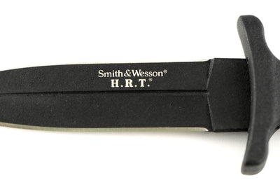 Engraved Smith & Wesson H.R.T. Coated Boot Knife with Leather Sheath