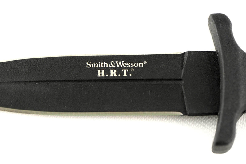 Engraved Smith & Wesson H.R.T. Coated Boot Knife with Leather Sheath