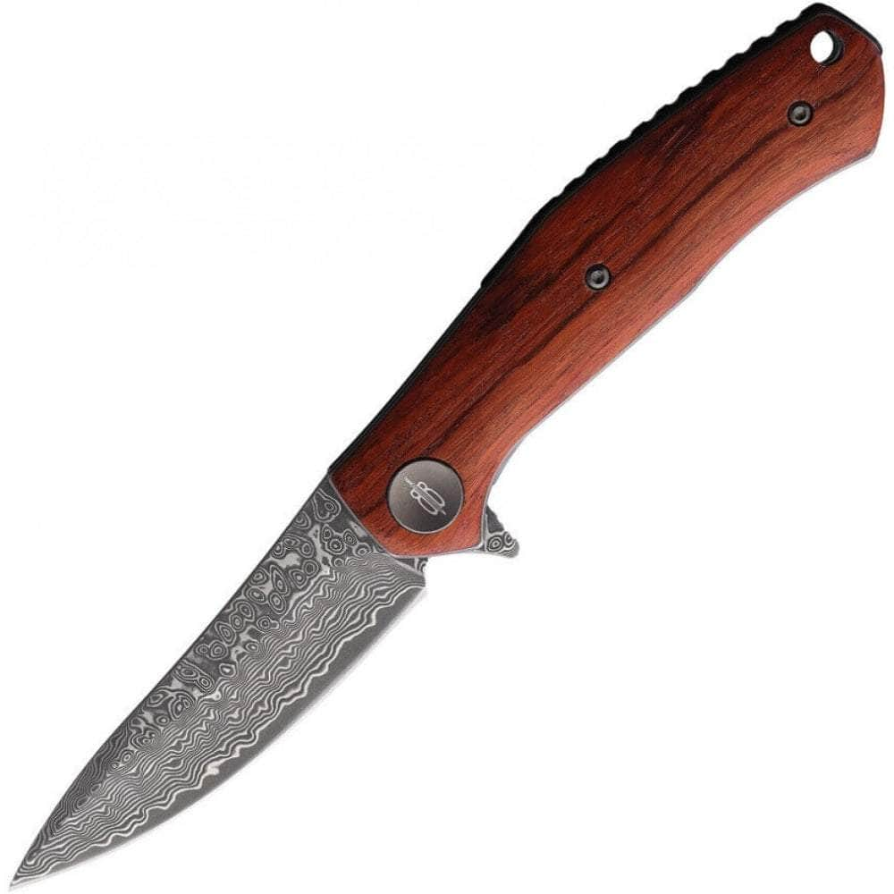 BnB Damascus Falcon Folder, 3.2" Blade, Mkuruti Wood Handle - BNB1086M