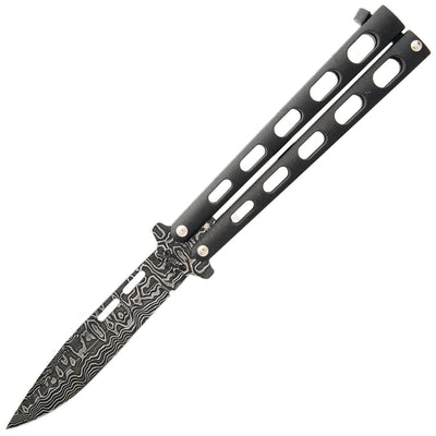 Bear & Son Damascus Butterfly Knife, 3.375" Blade, Black Zinc Handle - 115D