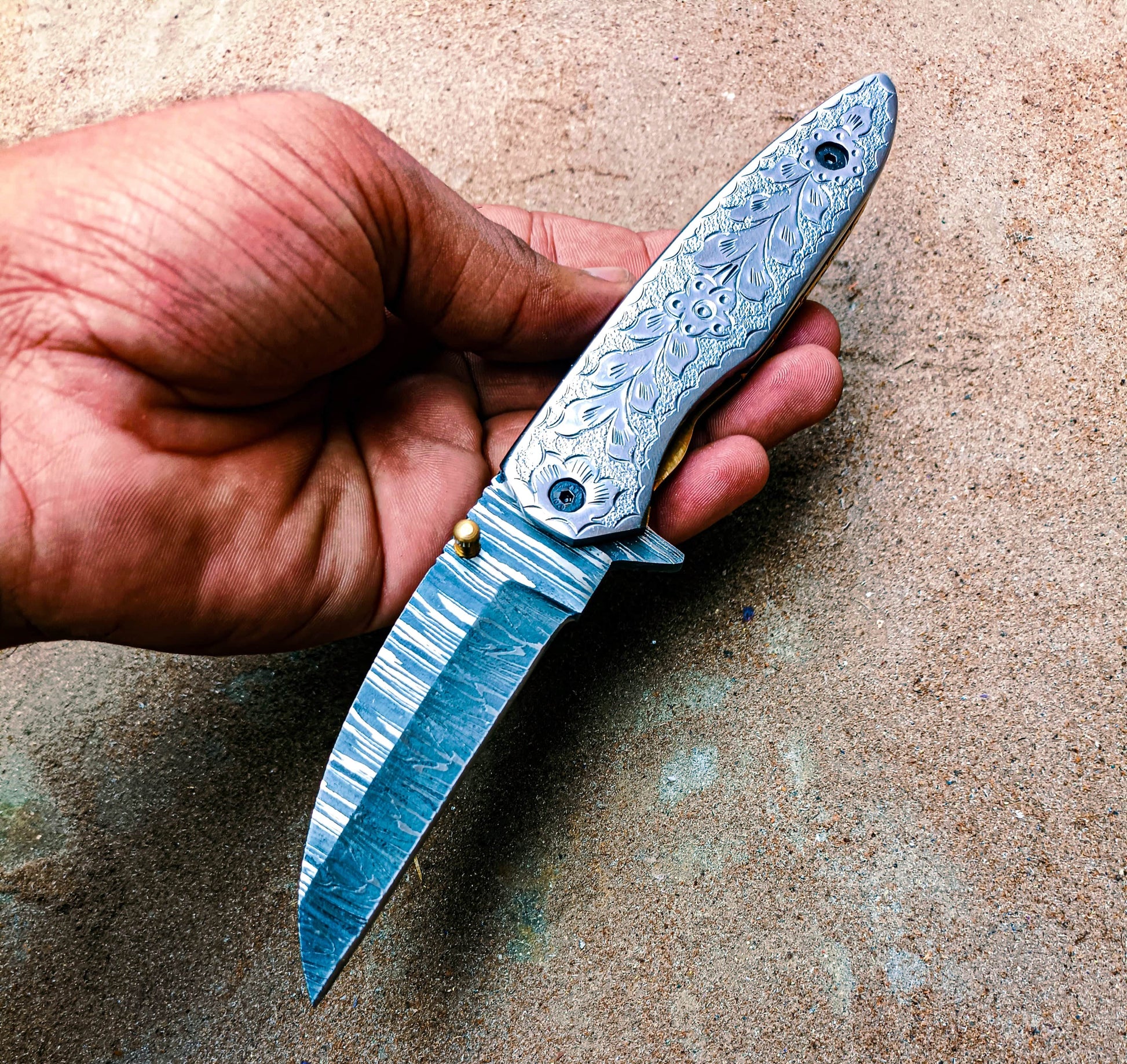 Custom Damascus Hand Engraved Steel Handle 3.5" Blade