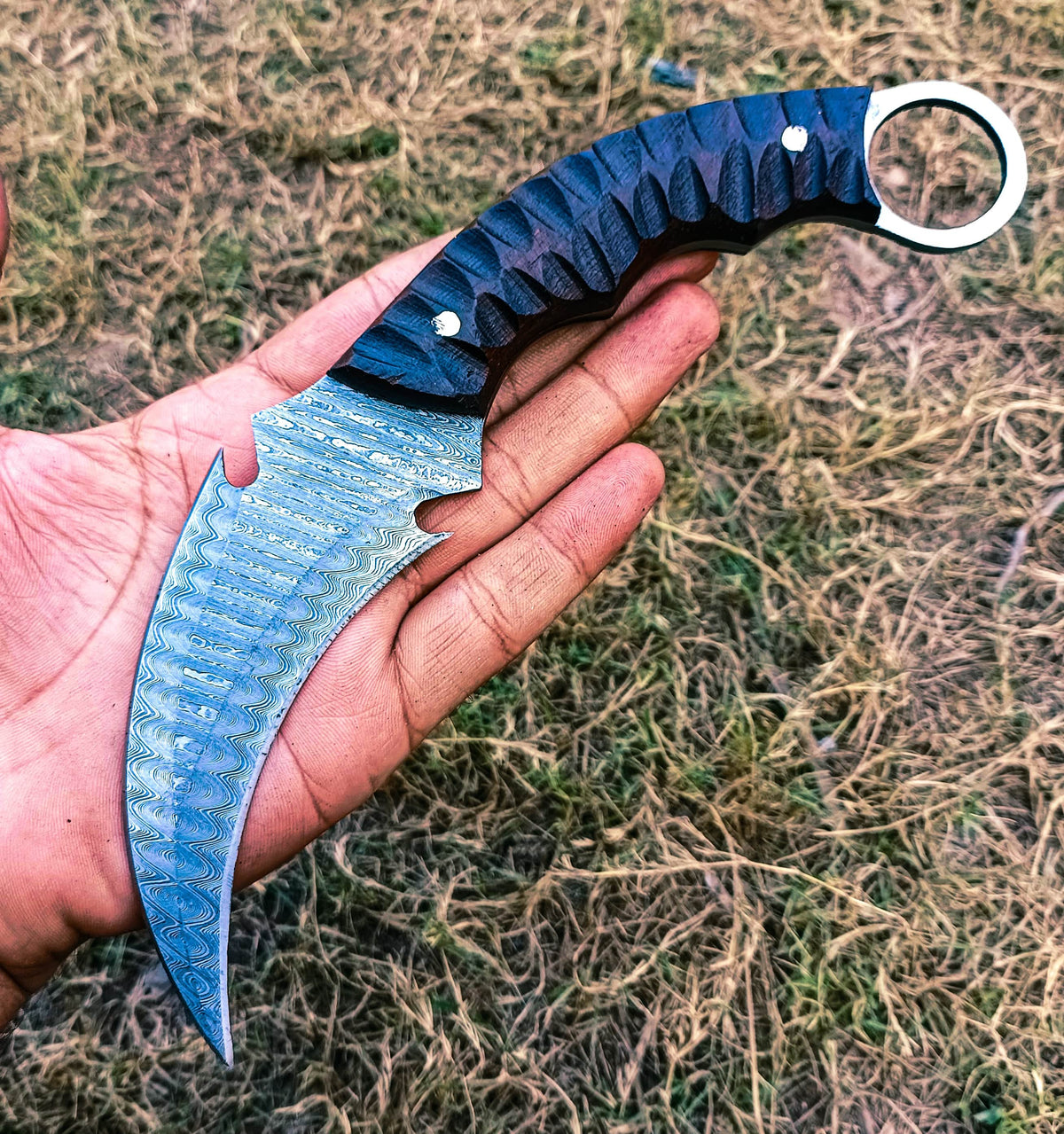 Custom Damascus Steel Tactical Karambit Knife with Rosewood Handle
