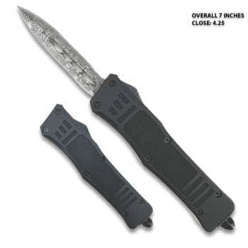Black Legacy Edge OTF Knife – 2.75" Damascus-Pattern Double-Edge Spear Point – MOTF-11DSP
