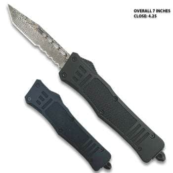 Black Legacy Edge OTF Knife – 2.75" Damascus-Pattern Tanto, Serrated – MOTF-11DTPS