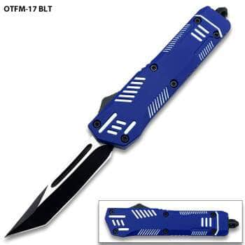 Blue/White Hills OTF Knife – 2.75" Black Tanto Blade – MOTF-17BLT
