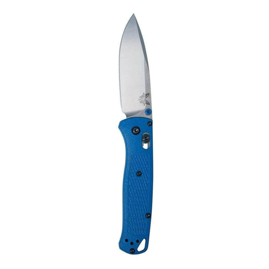 Benchmade Bugout 535 folding knife with blue Grivory handle and satin drop-point blade