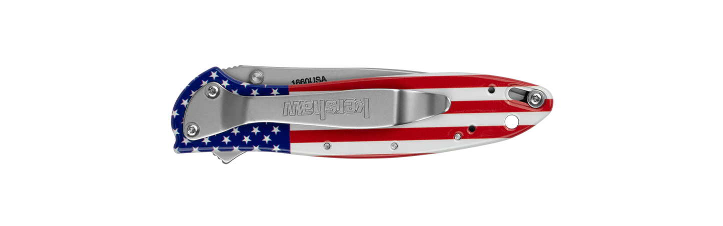 Kershaw 1660USA Ken Onion Leek Assisted Liner Lock Flipper Knife 3" 14C28N Bead Blast Plain Blade, USA Flag Aluminum Handles