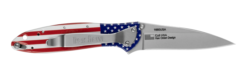 Kershaw 1660USA Ken Onion Leek Assisted Liner Lock Flipper Knife 3" 14C28N Bead Blast Plain Blade, USA Flag Aluminum Handles