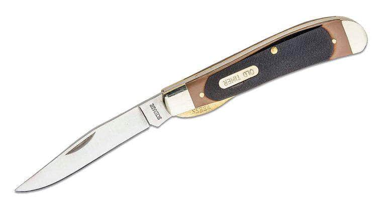 Schrade 194OT Old Timer Gunstock Trapper Lockblade 3.875" Closed, Brown Sawcut Delrin Handles with Nickel Silver Bolsters, Liner Lock