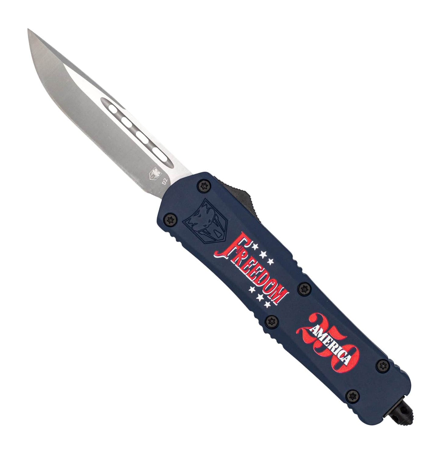 CobraTec Knives MFDM250FS3DNS FS-3 Freedom 250 Limited Edition 3" OTF Drop Point Plain Anodized D2 Steel Blade, 4.50" Blue/Red Cerakote Aluminum Handle, Glass Breaker