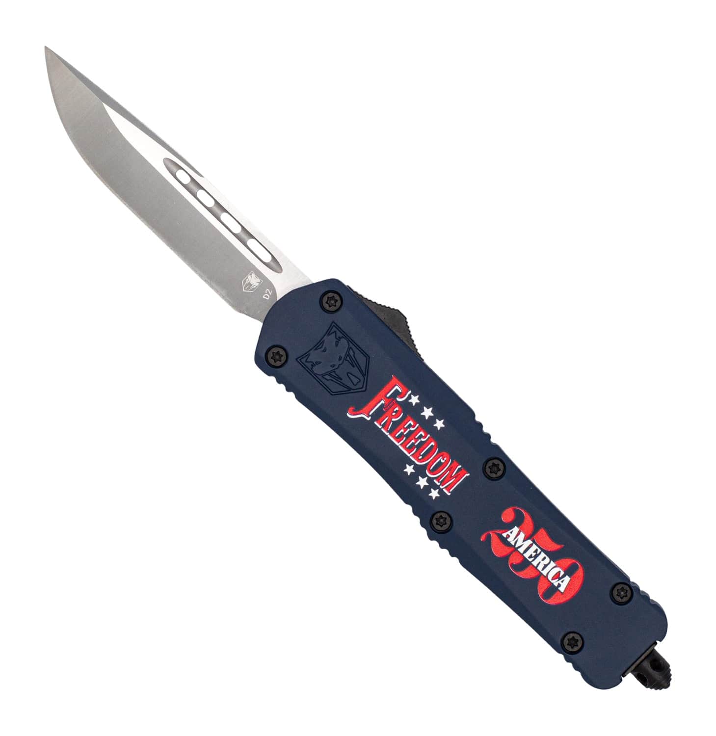 CobraTec Knives MFDM250FS3DNS FS-3 Freedom 250 Limited Edition 3" OTF Drop Point Plain Anodized D2 Steel Blade, 4.50" Blue/Red Cerakote Aluminum Handle, Glass Breaker