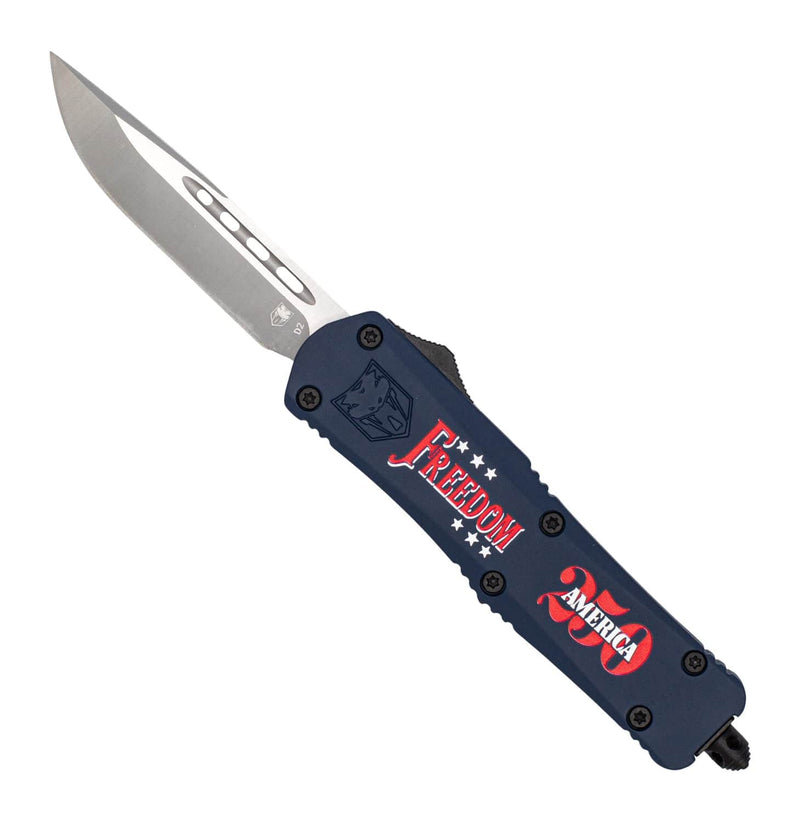 CobraTec Knives MFDM250FS3DNS FS-3 Freedom 250 Limited Edition 3" OTF Drop Point Plain Anodized D2 Steel Blade, 4.50" Blue/Red Cerakote Aluminum Handle, Glass Breaker