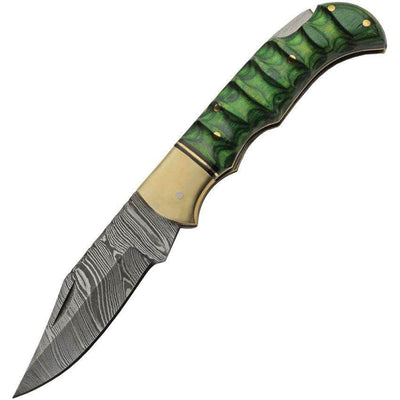 Damascus Lockback, 3" Blade, Emerald Wood Handle, Leather Sheath DM-1303GN