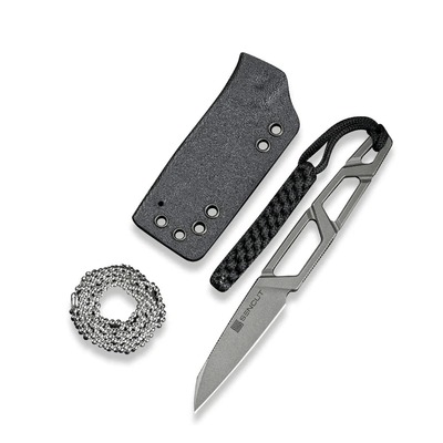 TEXO Fixed Blade Neck Knife 1.97 Stonewash 9Cr18MoV Reverse Tanto Plain Edge Blade, Skeletonized Handle & Kydex Sheath