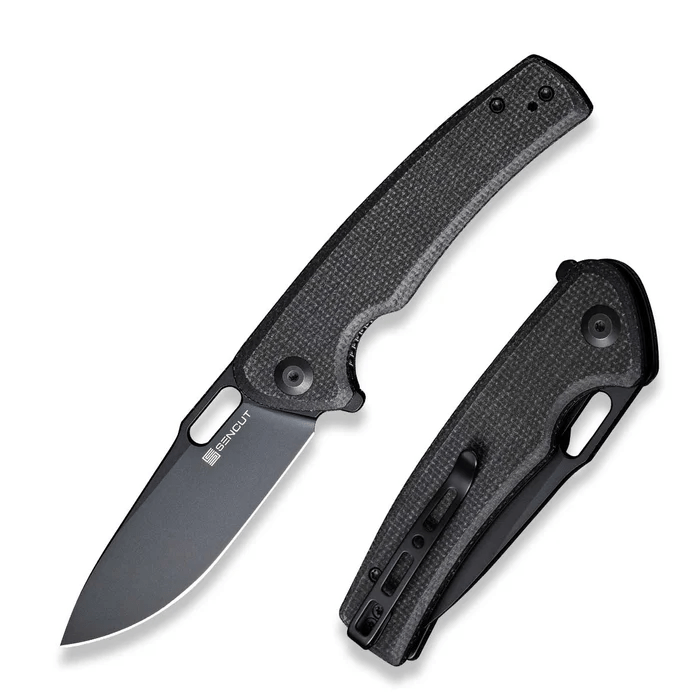 Vesperon Flipper/Thumb Hole Folding Knife 3.35 Black 9Cr18MoV Drop Point Plain Edge Blade, Black Canvas Micarta Handle
