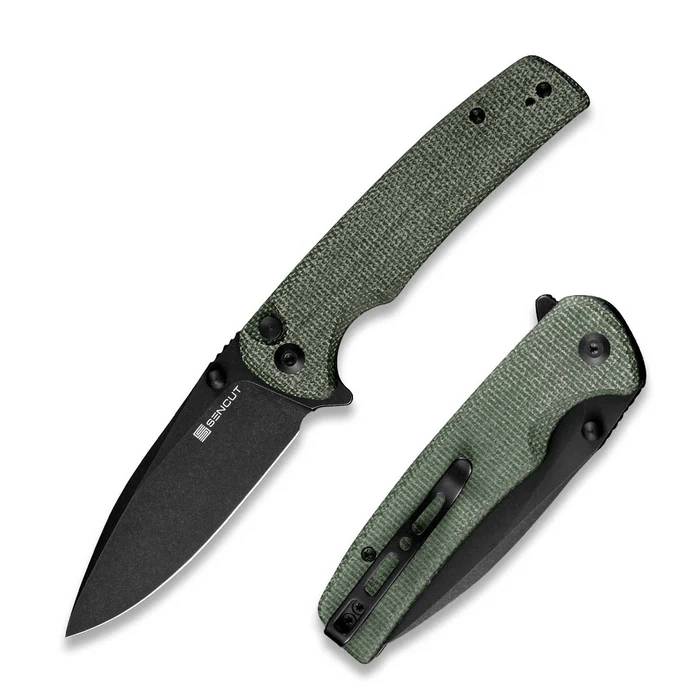 Sachse Flipper/Thumb Stud Folding Knife 3.47 Black 9Cr18MoV Drop Point Plain Edge Blade, Green Micarta Handle