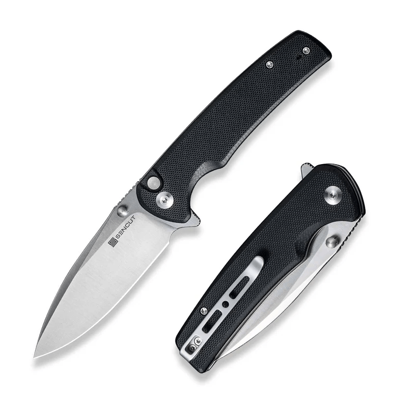 Sachse Flipper/Thumb Stud Folding Knife 3.47 Satin 9Cr18MoV Drop Point Plain Edge Blade, Black G10 Handle
