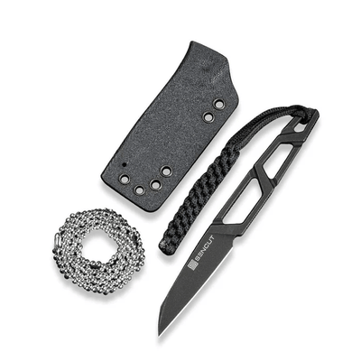 TEXO Fixed Blade Neck Knife 1.97 Black 9Cr18MoV Reverse Tanto Plain Edge Blade, Skeletonized Handle & Kydex Sheath