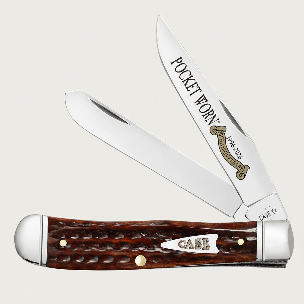 Case Pocket Worn Trapper Folding Knife, Mirror Polished Tru-Sharp Clip Point/Spey Blades, Corn Cob Jigged Mahogany Bone Handle 55230