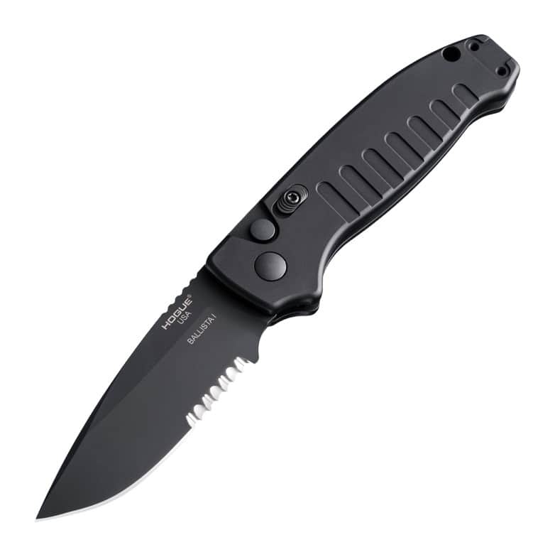 Hogue Ballista-I Automatic Knife, 3.5" Black Serrated Drop Point Blade, Black Aluminum Handle 64139