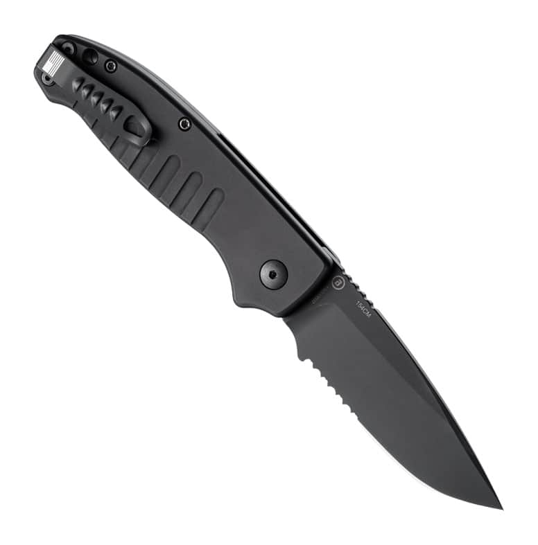 Hogue Ballista-I Automatic Knife, 3.5" Black Serrated Drop Point Blade, Black Aluminum Handle 64139
