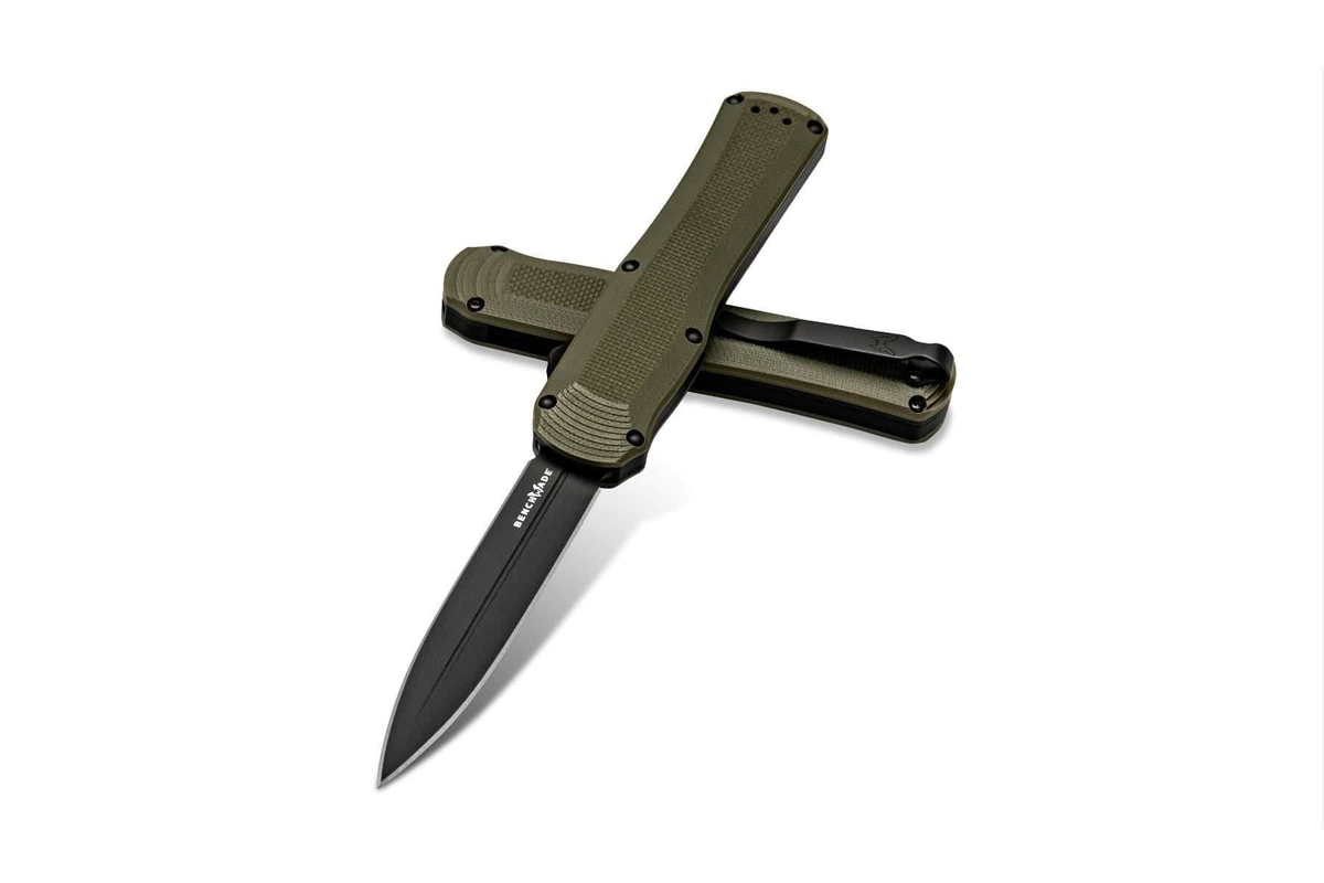 Benchmade Autocrat 3400BK-1 OTF automatic knife with Olive Drab G10 handle and black double-edged dagger blade