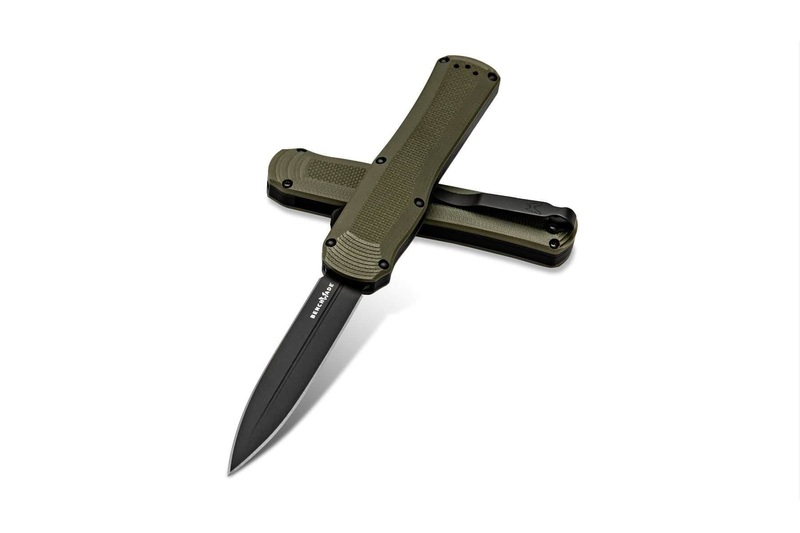 Benchmade Autocrat 3400BK-1 OTF automatic knife with Olive Drab G10 handle and black double-edged dagger blade