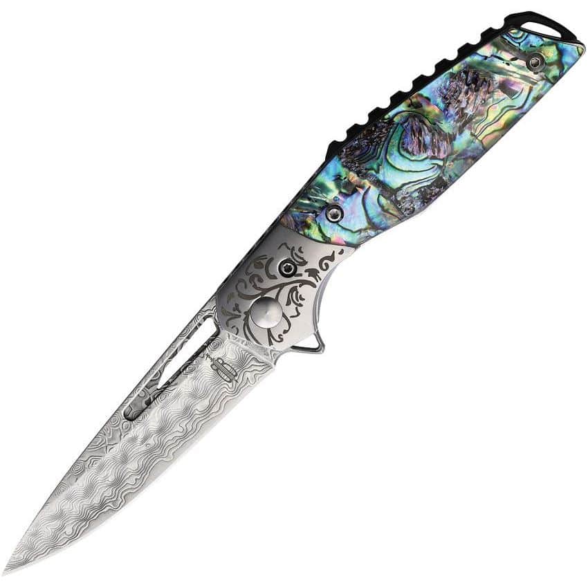 BnB Knives Abalone Flipper, 3" Damascus Blade, Abalone Handle, Sheath - BNB1991A