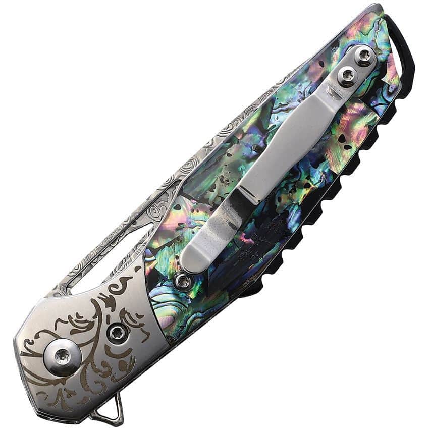 BnB Knives Abalone Flipper, 3" Damascus Blade, Abalone Handle, Sheath - BNB1991A
