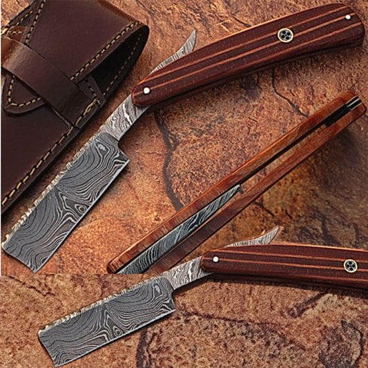 White Deer Damascus Straight Razor, 4" Blade, Pakkawood Handle, Leather Sheath - DM-2179