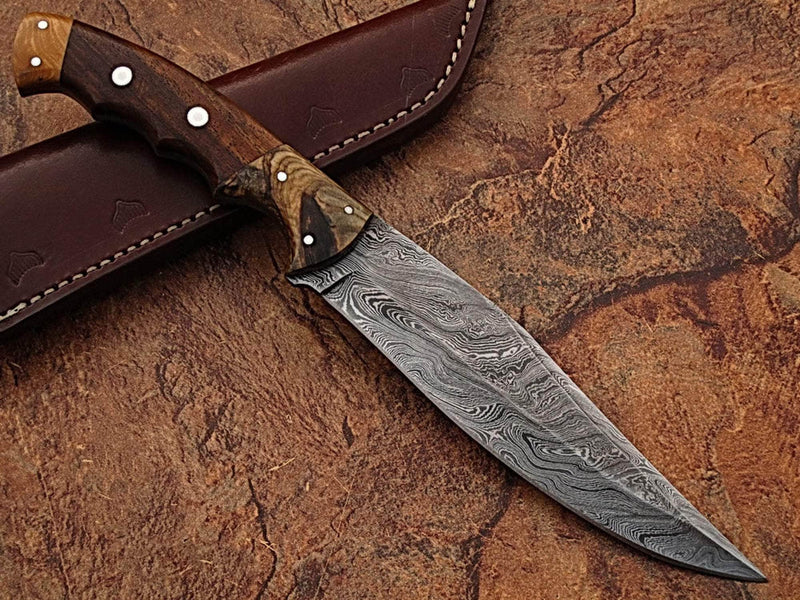 White Deer Damascus Bowie Knife, 7" Blade, Wood Handle, Sheath - DM-2276