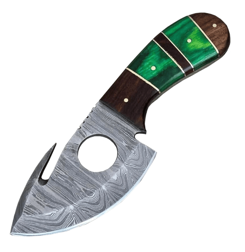 Handmade Damascus Gut Hook Hunting Knife, 3.5" Blade, Wood Handle, Sheath