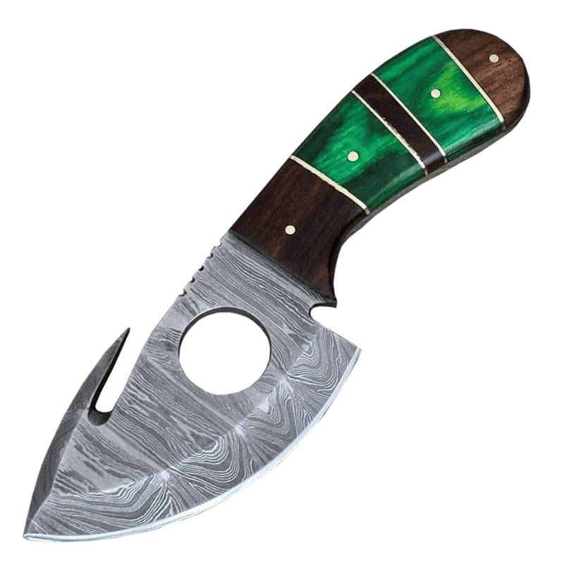 Handmade Damascus Gut Hook Hunting Knife, 3.5" Blade, Wood Handle, Sheath
