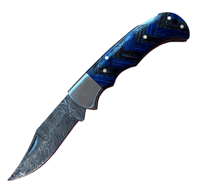 Custom Damascus Steel Blue Wood Chevron Pocket Knife 3" Blade