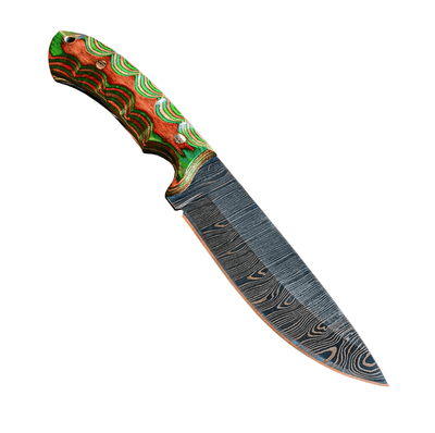 Custom Damascus Steel Knife - Green Wood Handle - 4.5" Full Tang Hunting & Camping Knife