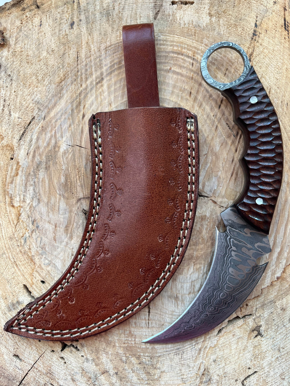 Custom Damascus Steel Tactical Karambit Knife with Rosewood Handle