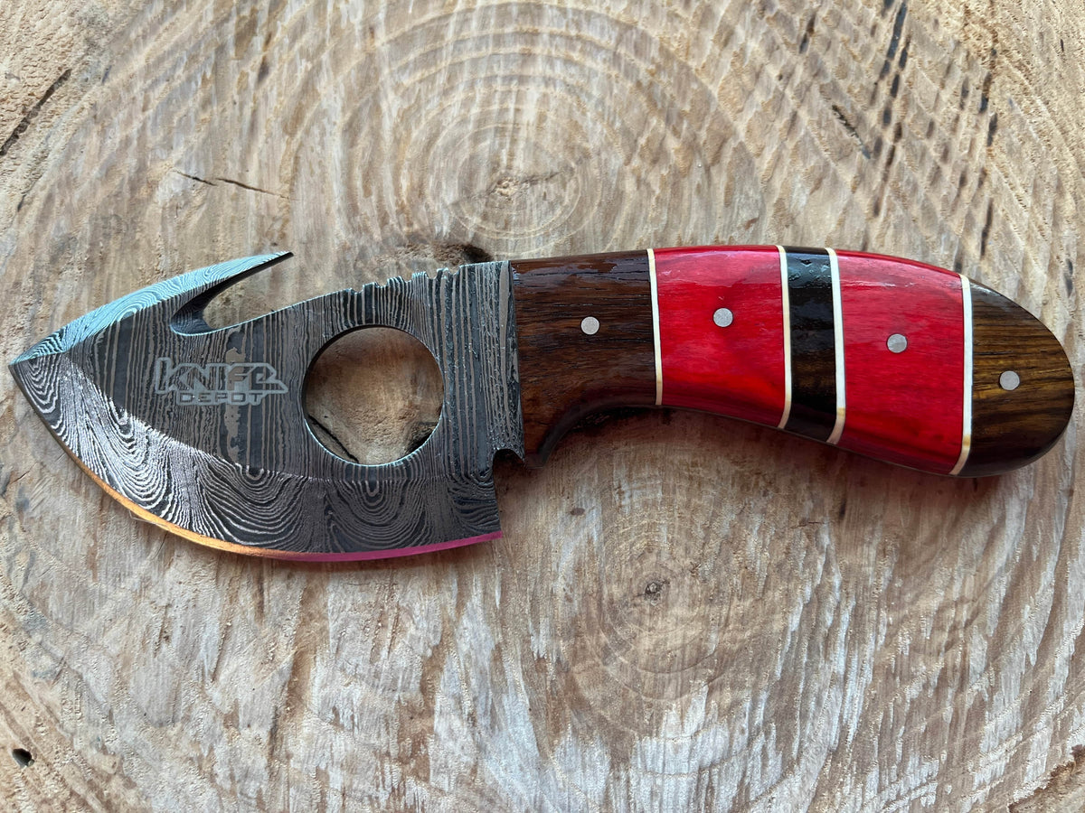 Handmade Damascus Gut Hook Hunting Knife, 3.5" Blade, Wood Handle, Sheath
