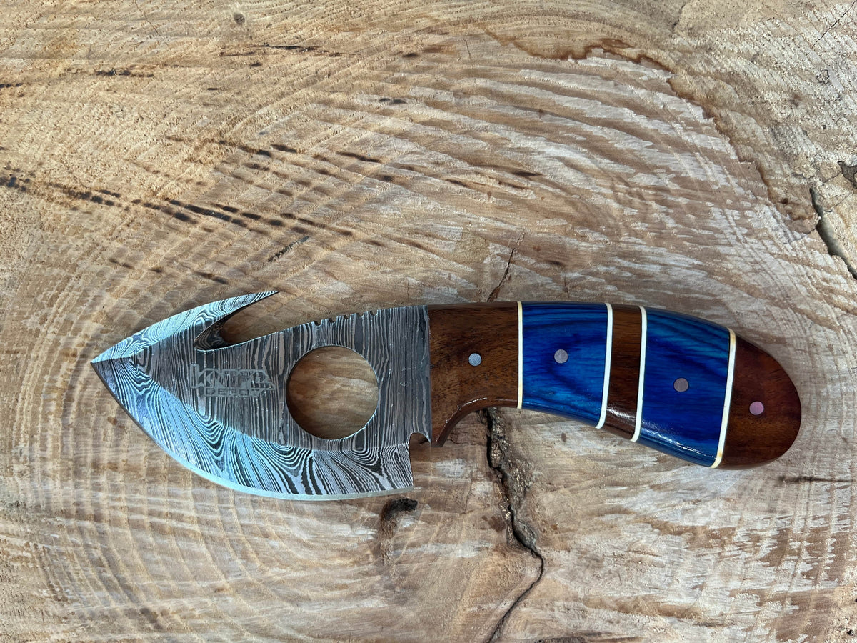 Handmade Damascus Gut Hook Hunting Knife, 3.5" Blade, Wood Handle, Sheath